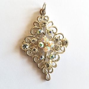 Filigree pendant silver tone ab aurora borealis